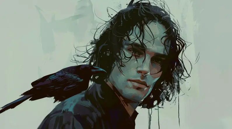Painting of Brandon Lee with a Crow